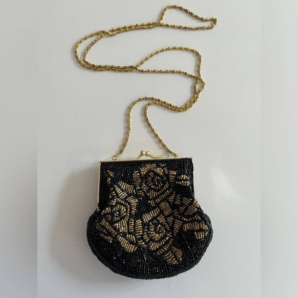 BEADED Cross Body Frame Mini Evening Bag Black Gold Tone Rose Pattern Event Chic